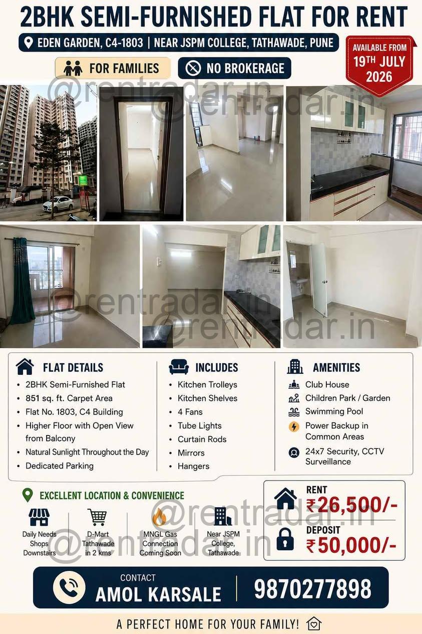 2bhk For Rent at Eden Garden